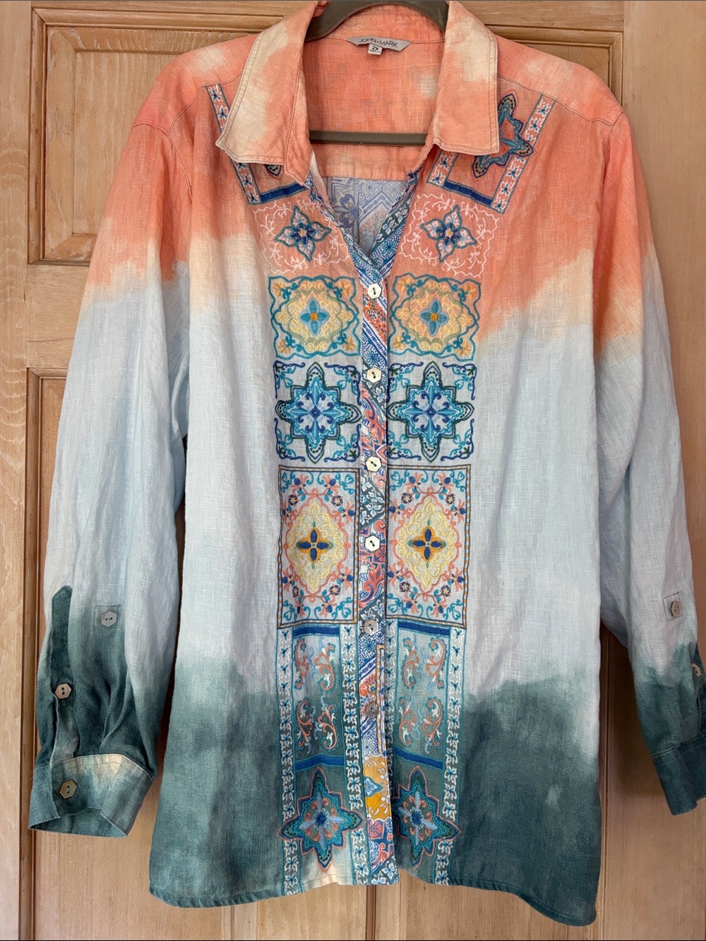 John Mark Embroidered Ombre Linen Button-Up Shirt — Peach, Blue & Gray 2X